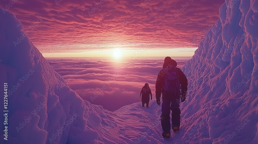 Fototapeta premium Hikers ascend snowy mountain peak at sunset