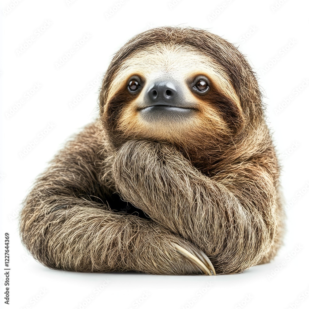 Fototapeta premium Cute and Relaxed Sloth with a Charming Smile Resting with Arms Crossed on a White Background