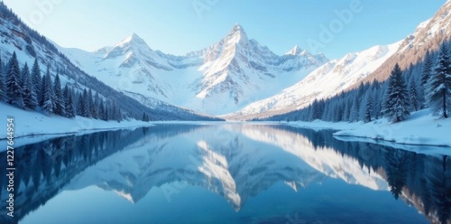 Wallpaper Mural Snowy mountain peaks reflected in the clear blue surface of a serene and small lake, snow, peaceful Torontodigital.ca