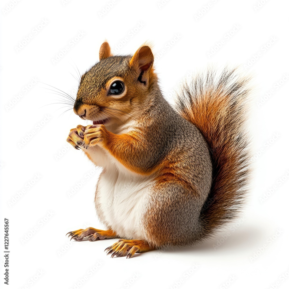Adorable Gray Squirrel Holding Nut with Fluffy Tail in a Bright White Background Adorable Gray Squirrel Holding Nut with Fluffy Tail in a Bright White Background