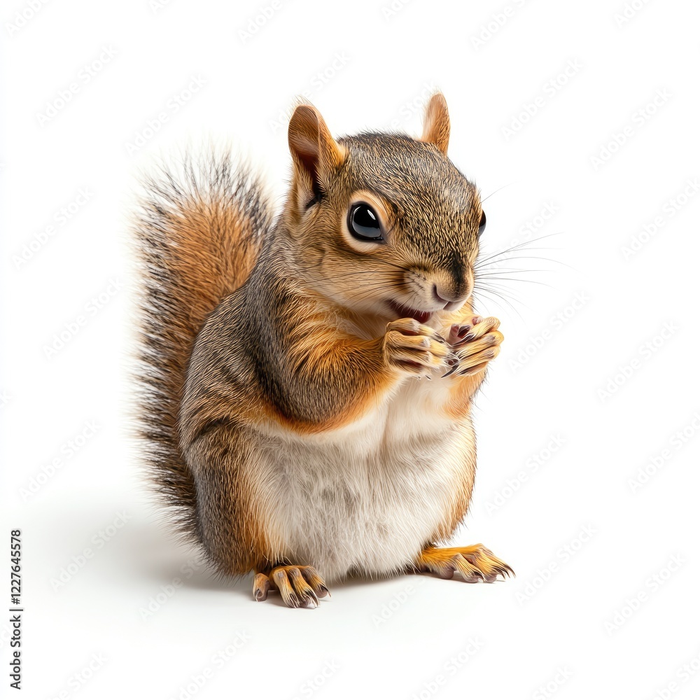 Cute and Playful Squirrel Sitting and Eating Nuts in a Studio Setting with White Background