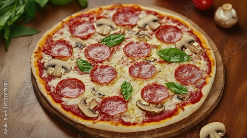 Delicious Italian pizza topped with salami, tomatoes, cheese, and mushrooms garnished with fresh basil on a rustic wooden background photo