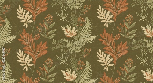 A botanical-inspired floral fabric pattern with muted tones of olive green, terracotta, and cream. 