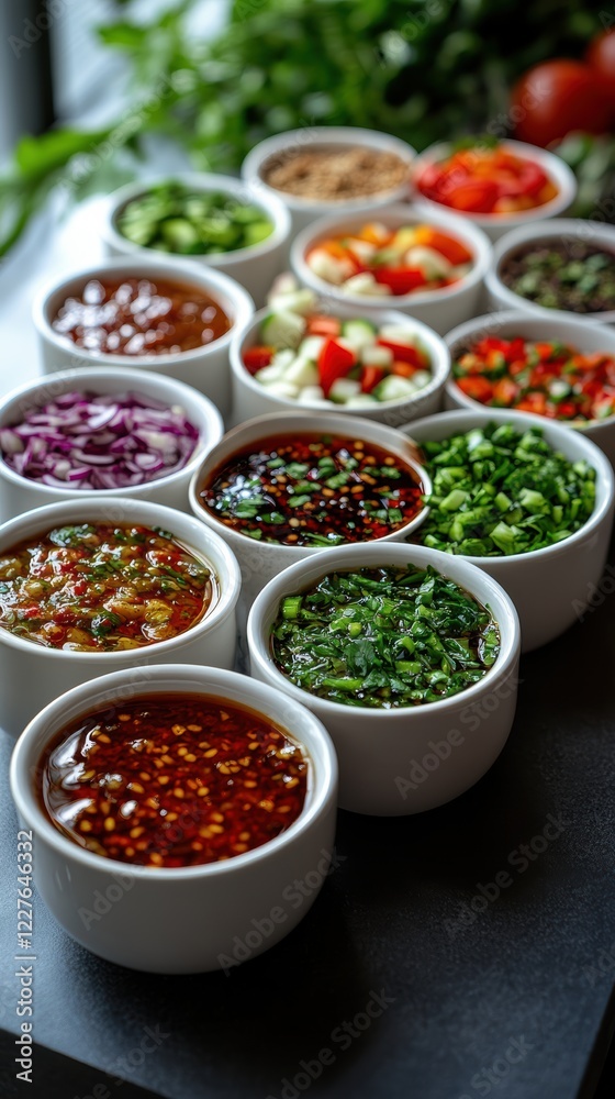 A delightful assortment of sauces and fresh toppings is neatly displayed in small bowls on a kitchen surface, showcasing vibrant colors and textures perfect for enhancing dishes