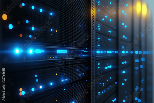 Modern Datacenter Server Rack Blue LED Lights Network Technology Computer Hardware Infrastructure Digital Data Processing