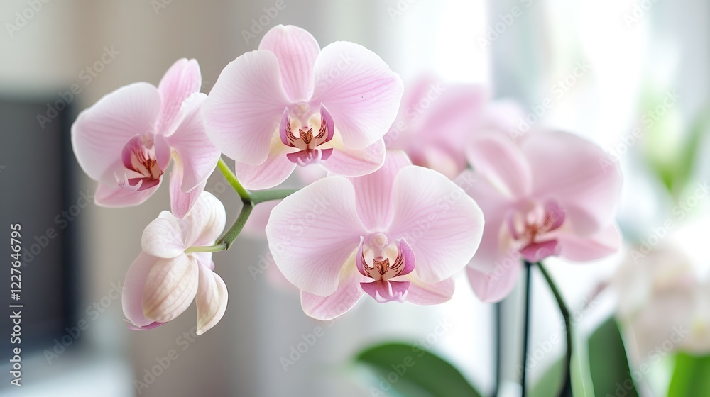 Obraz premium Elegant living room decor featuring vibrant pink orchids and modern furnishings with flat screen TV and comfortable sofa set.