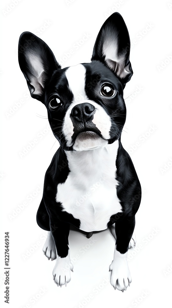 a Boston Terrier with one ear up, quirky and charming, handdrawn sketch style, isolated on white background a Boston Terrier with one ear up, quirky and charming, handdrawn sketch style, isolated on white background