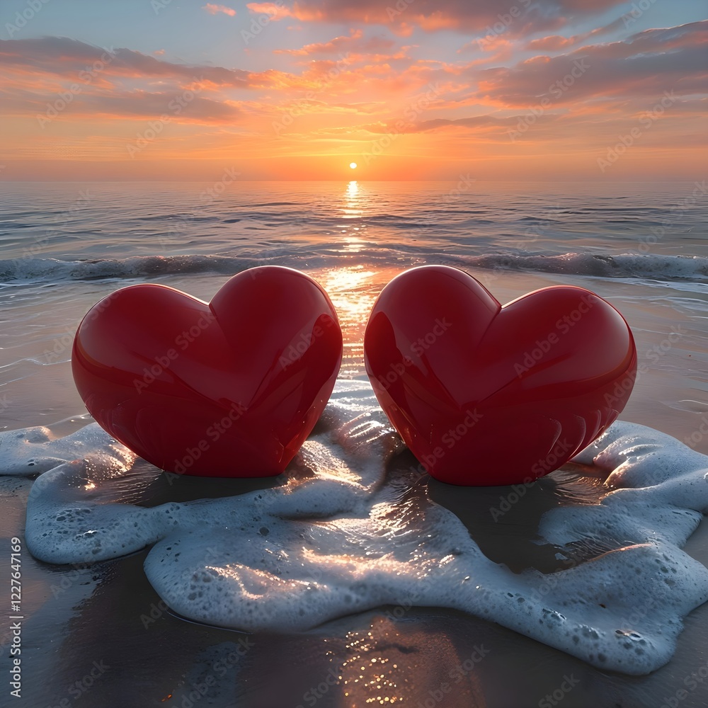 Fototapeta premium two hearts on the beach at sunset