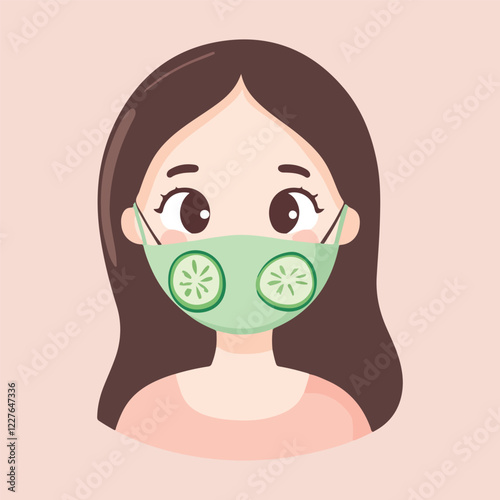 Cute Sick cartoon Girl Using Mask vector illustration 