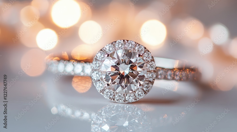 Fototapeta premium Macro shot of sparkling diamond ring showcasing intricate details and light reflections on a blurred bokeh background.