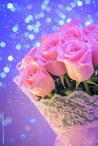 A beautiful bouquet of pink roses wrapped in lace, set against a sparkling blue background, creating a romantic and dreamy atmosphere.