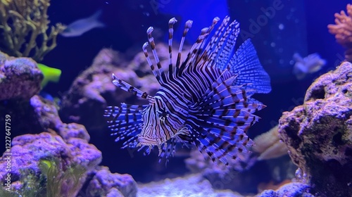 Tropical lionfish displaying vibrant spines and striking patterns in an aquarium environment filled with coral and marine life. photo