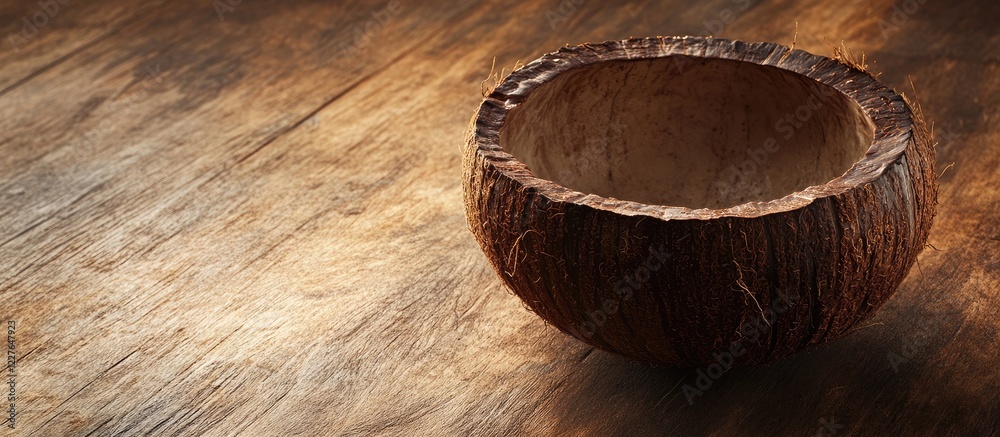 Fototapeta premium Italian coconut shell with textured thick rind on rustic wooden surface and ample space for overlaying text or graphics