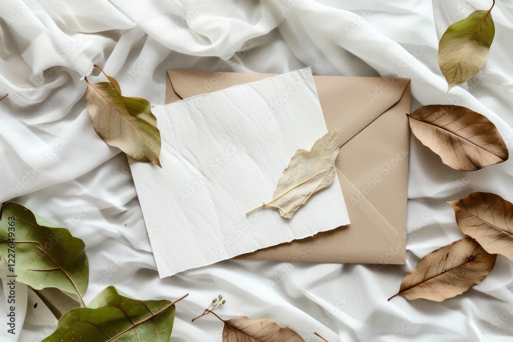 Obraz premium paper letter card envelope cloth fabric leaf maple leaves dry curtain crumple wrinkle blank empty copy space template mockup