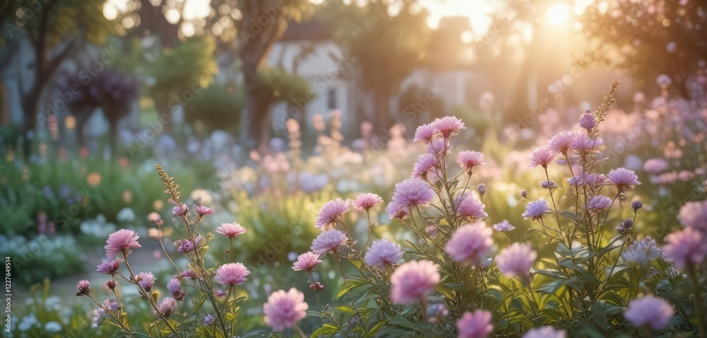 Obraz premium Soft focus bokeh of pastel flowers in a serene garden at dawn, peaceful atmosphere, bokeh