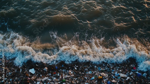 Beach covered in mixed plastic debris with ocean waves lapping at the edge, visual emphasis on the scale of pollution. photo