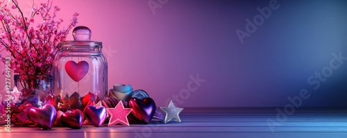 A colorful arrangement featuring a jar with a heart, surrounded by decorative stars and flowers, set against a gradient background.