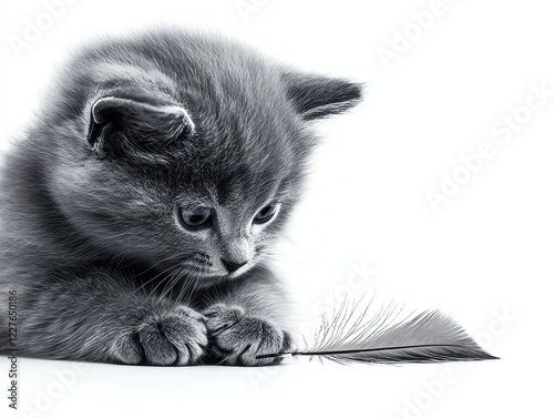 a fluffy British Shorthair kitten playing with a feather, soft and delicate, 3Drendered realism, isolated on white background photo