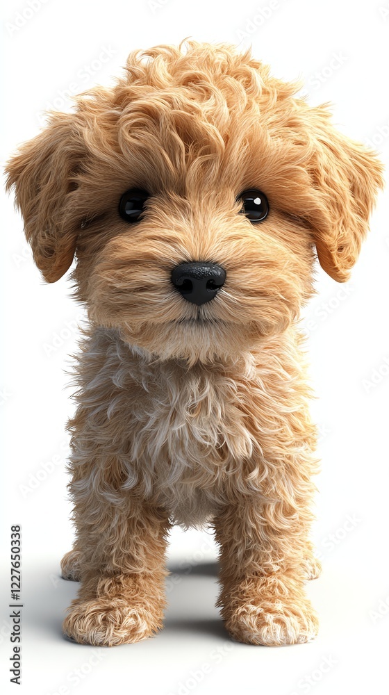 a fluffy golden doodle puppy with curly fur, joyful and playful, 3D rendering, isolated on white background a fluffy golden doodle puppy with curly fur, joyful and playful, 3D rendering, isolated on white background