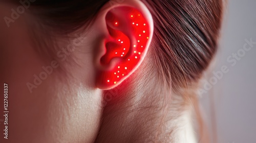 Laser Therapy for Auricular Acupuncture with LED Light Treatment on Ear Close Up Image