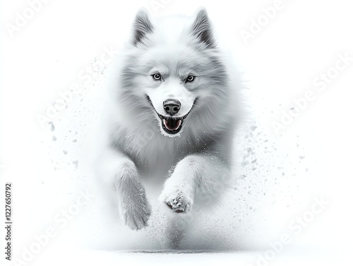 a fluffy Samoyed running through the snow, cinematic winter scene, digital painting, isolated on white background photo