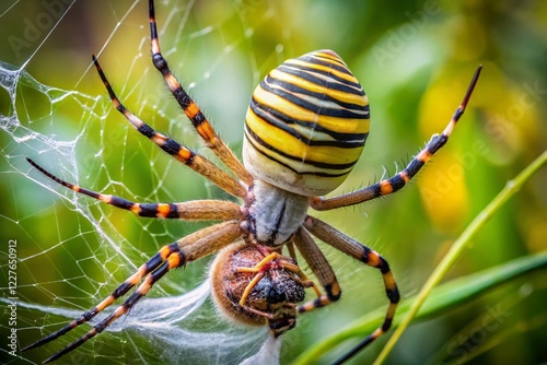 Argiope Aurantia Spider Wrapping Prey in Web - Macro Nature Photography photo