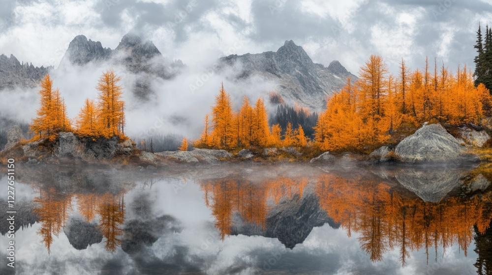 Mist-covered mountains and vibrant autumn trees reflecting on tranquil lake water in a serene natural landscape scene. Mist-covered mountains and vibrant autumn trees reflecting on tranquil lake water in a serene natural landscape scene.