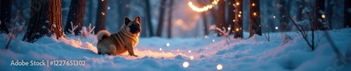 Snowy forest floor with pug shape and twinkling string lights, snow, festive