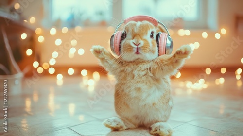 Joyful Manx Lop Rabbit Wearing Headphones Dancing Against Blurred Light Background Celebrating Music Festivity Vibe photo