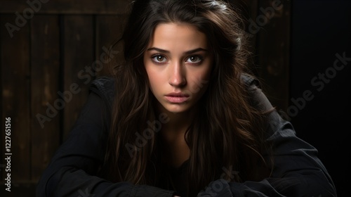 Sad teenager student suffering from bulling feeling lonely. Unhappy scared fearful young woman with scare in eyes black studio background 