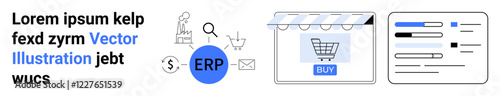 Circular ERP icon linking systems, e-commerce storefront with shopping cart and analytics charts. Ideal for business, data management, automation, e-commerce, online sales, enterprise strategy, flat