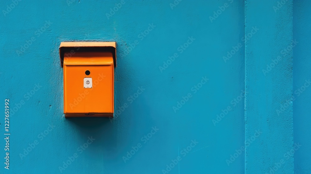Minimalist orange mailbox on vibrant blue wall showcasing modern design aesthetics and colorful contrasts for creative projects. Minimalist orange mailbox on vibrant blue wall showcasing modern design aesthetics and colorful contrasts for creative projects.