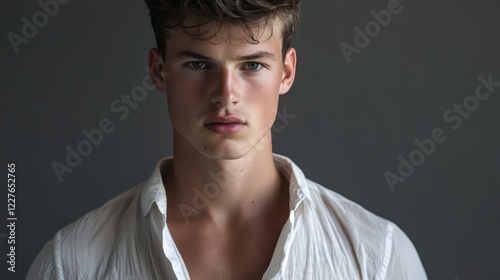 Young man in unbuttoned shirt looking intensely at the camera with a neutral gray background creating a striking portrait. photo