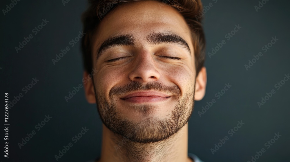 Smiling man with closed eyes conveying happiness and serenity against a dark background in a warm and inviting portrait. Smiling man with closed eyes conveying happiness and serenity against a dark background in a warm and inviting portrait.