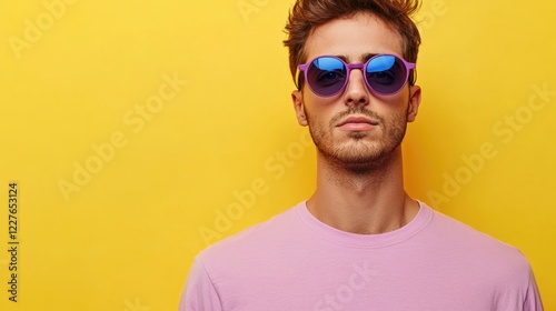Stylish man wearing purple sunglasses and pink t-shirt against a vibrant yellow background in a chic matte fashion style.