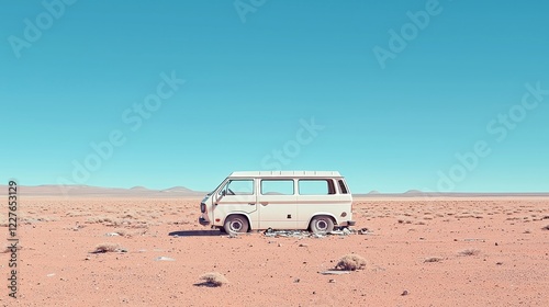 Abandoned Van in Windswept Scrapyard, rusted metal frame lies among scattered debris, desolation surrounds, echoes of past journeys linger in the empty space