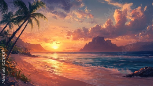 Tropical beach at sunrise with palm trees and dramatic clouds under a vibrant sky reflecting on the ocean waves