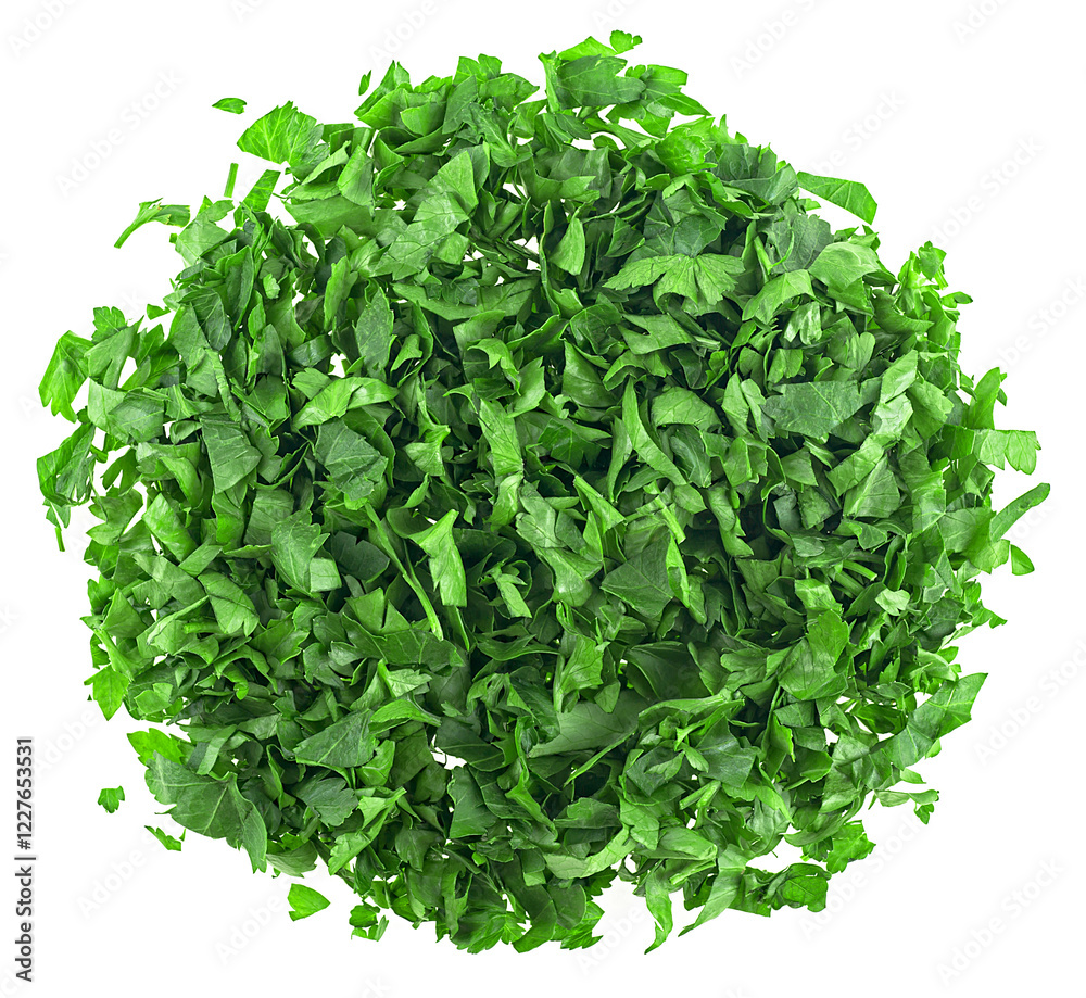 Obraz premium Sliced fresh parsley isolated on a white background, top view. Chopped parsley.