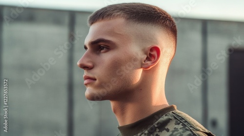 Young man with military haircut standing confidently outdoors after completing military service photo