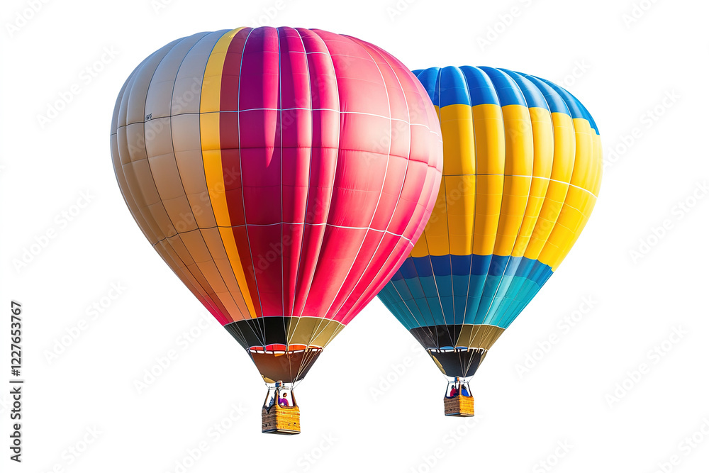 Fototapeta premium Vibrant Striped Hot Air Balloons Floating High Above Ground on White PNG Background, Colorful Birthday Celebration