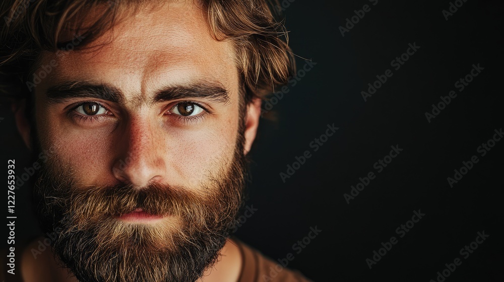 Obraz premium Thoughtful bearded man with mustache gazing intensely at camera against a dark background showcasing rich textures and depth in expression.