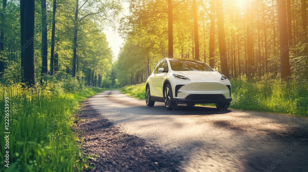 Electric SUV driving through a serene forest with zero-emission imagery Electric SUV driving through a serene forest with zero-emission imagery