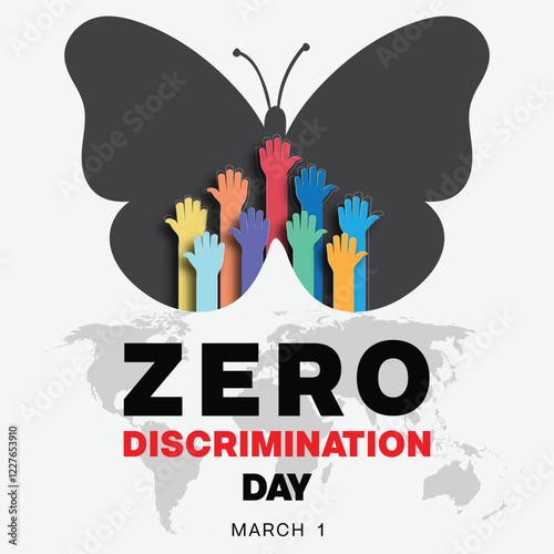 Zero Discrimination Day design. It features colorful hand inside a black butterfly. Vector illustration	