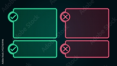 True or false text box set, empty frames layout, bright neon visuals.