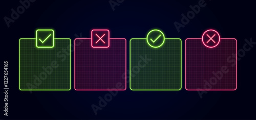 Good or bad symbols text boxes, empty frames layout, bright neon visuals.