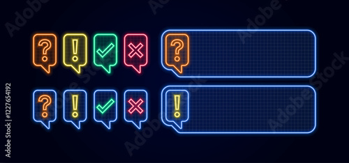 Cyber tech review icons set, bright neon visuals.