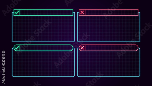 Negative or positive text boxes, empty frames layout, bright neon visuals.