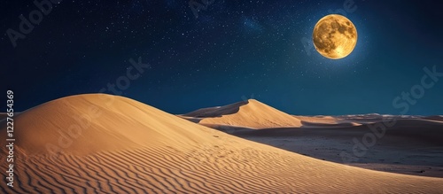 Fototapeta Naklejka Na Ścianę i Meble -  Nighttime desert landscape showcasing sand dunes illuminated by a full moon with ample space for text or branding.
