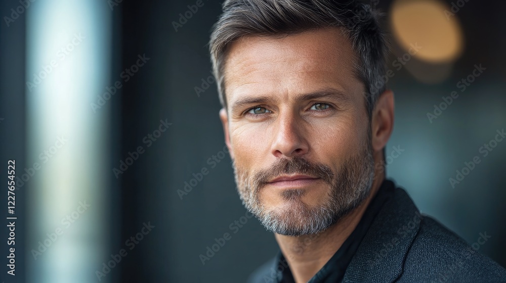 Confident Man with Short Beard Posing Against a Modern Background in Natural Light Portrait Confident Man with Short Beard Posing Against a Modern Background in Natural Light Portrait