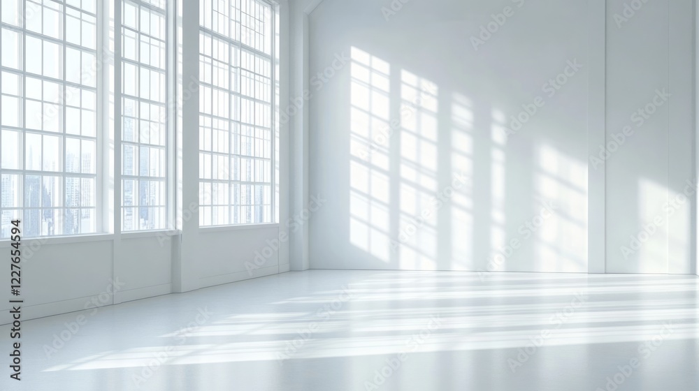 Fototapeta premium Bright minimalist interior space with large windows and natural light creating soft shadows on a white floor.